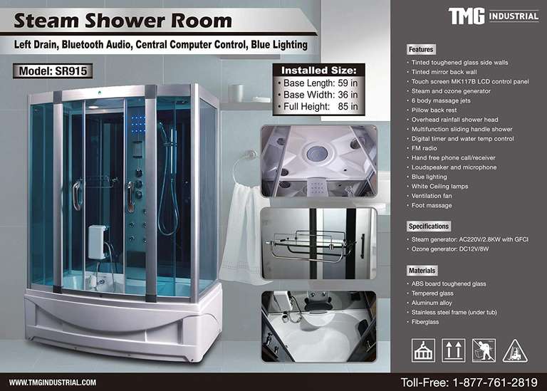 New TMG Industrial TMGSR915 Steam Shower Room, 67in x 26in x 42in