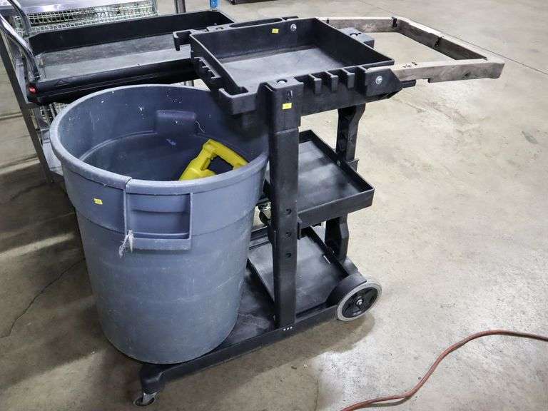 Janitorial Cart with Trash Can and Wet Floor Sign Roller Auctions