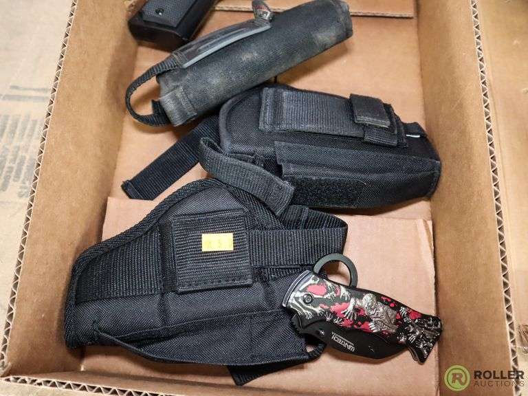 (2) Trays of Pistol Holsters, Pocket Knife, Pellet Gun and BB Gun Roller Auctions
