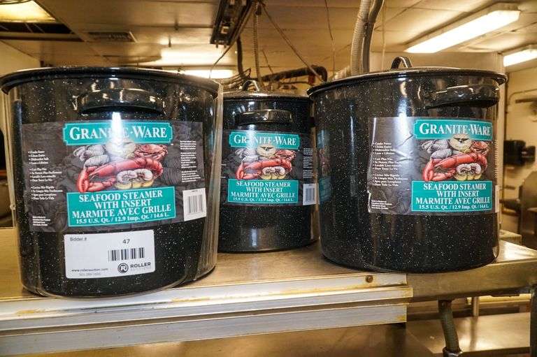 (3) Granite Ware Seafood Steamers with Grille Insert Roller Auctions