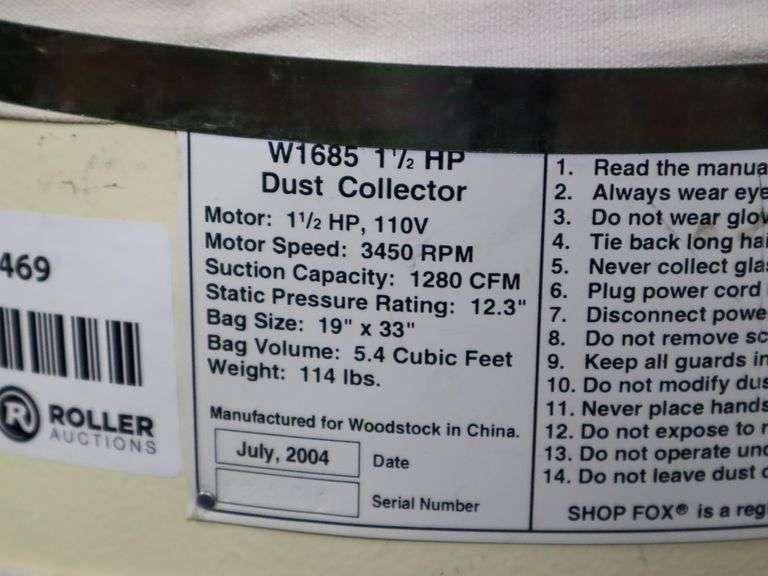 Shop Fox W1685 Dust Collector, 110V, 11/2Hp Roller Auctions