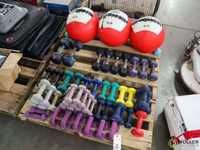 Pallet of Various Weight Dumbbells and (3) 6Lb Weighted Balls Roller