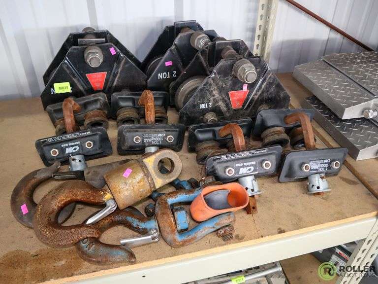 (3) Dayton 2Ton IBeam Trolleys, (4) CM 1Ton Trolleys and (3) Hooks