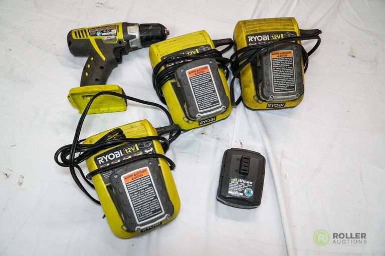 Ryobi HJP002 3/8in Cordless 12V Drill, (4) Ryobi 12V Batteries, (3