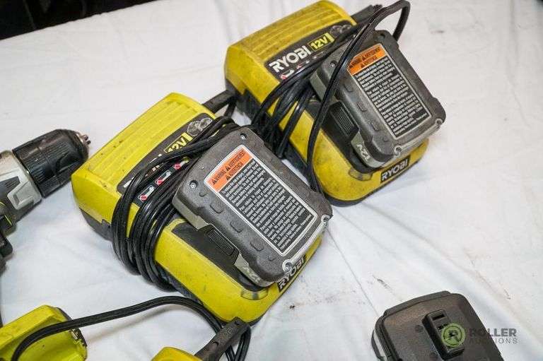 Ryobi HJP002 3/8in Cordless 12V Drill, (4) Ryobi 12V Batteries, (3