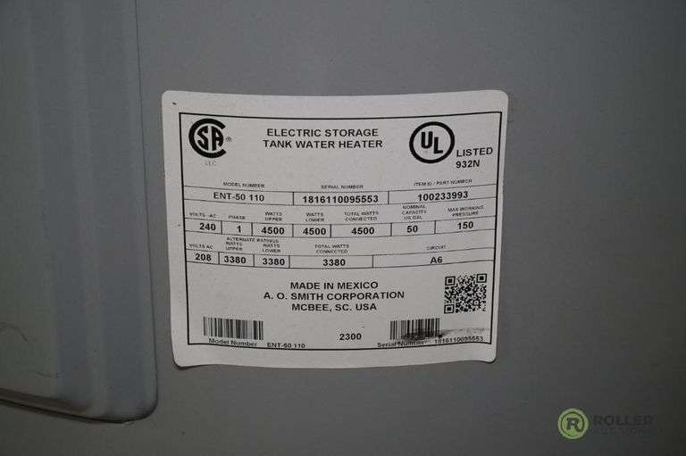 A.O. Smith Proline ENT50 110 Water Heater, 50Gallon, 240V Electric