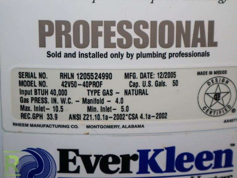 Rheem 42V5040Prof 50Gallon Hot Water Heater Roller Auctions