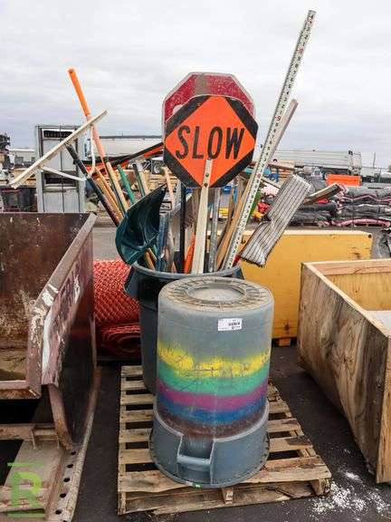 Pallet Of Trash Cans, Shovels, Rakes & Signs - Roller Auctions