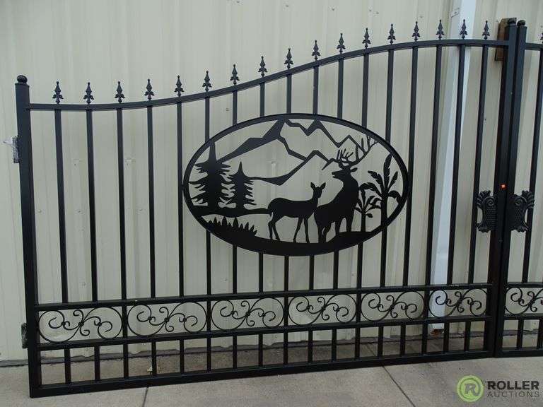 New Greatbear 20' Bi-Parting Wrought Iron Driveway Gate Set, Elk Design (2-Pieces) - Roller Auctions