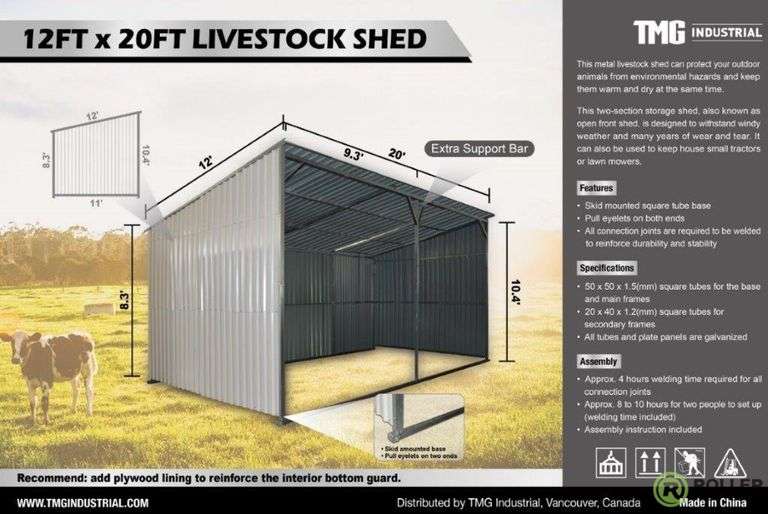 New TMG Industrial TMG-MS1220L Galvanized Metal Livestock Shed, 12' x 20' - Roller Auctions