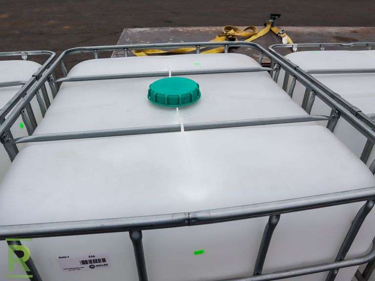 (2) 275 Gallon Plastic Tote With Enclosure, 1-Time Use, Food Grade, Tripple Rinsed, Euro Valve with Spout - Roller Auctions