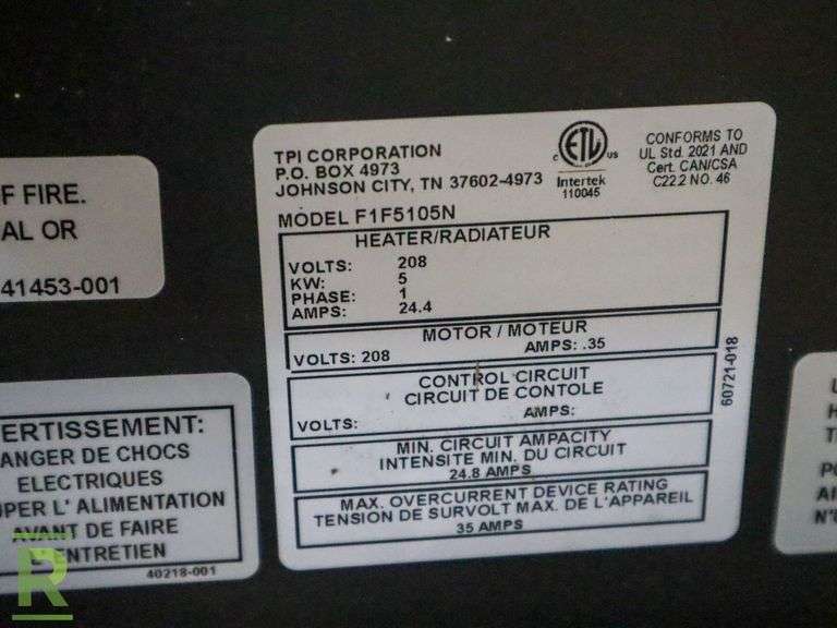 Taskmaster FIF5105N Electric Heater, 208V - Roller Auctions