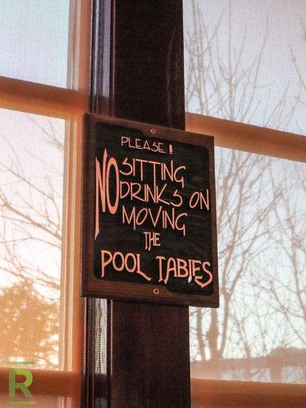 (2) Pool Signs, Pool Balls, Framed Picture And Stick Holder - Roller Auctions