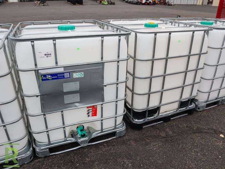 (2) 275 Gallon Plastic Tote With Enclosure, 1- Time Use, Food Grade, Tripple Rinsed, Euro Valve with Spout - Roller Auctions