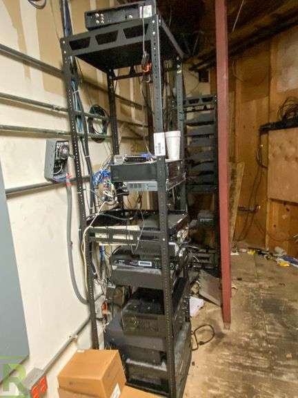 (2) Adjustable Open frame Server Racks With Cetec Ivie Amplifier, QSC Direct Amplifier, CD Players, CPU, Power Var Power Conditioners - Roller Auctions