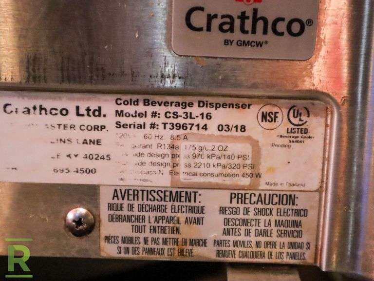 (2) Crathco Beverage Dispensers; CS-4E/2D/3D-16 & CS-3L-16 (Incomplete) - Roller Auctions