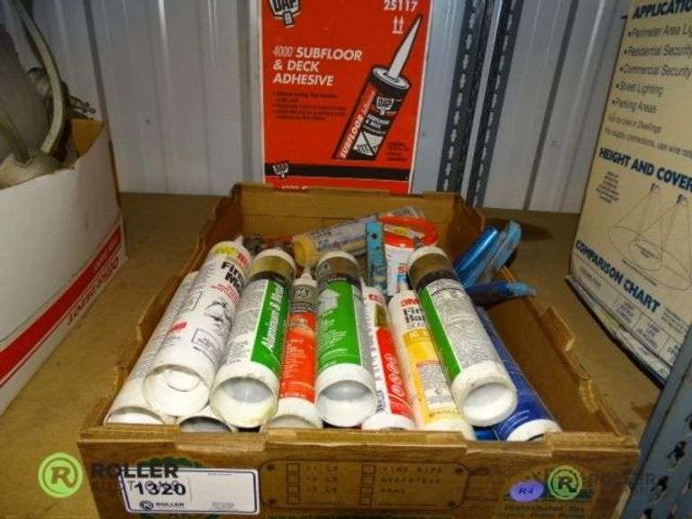 Tray of Sub Floor Adhesive, (3) Caulking Guns and Caulk Roller Auctions
