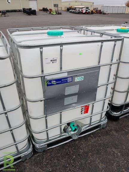 (2) 275 Gallon Plastic Tote With Enclosure, 1- Time Use, Food Grade, Tripple Rinsed, Euro Valve with Spout - Roller Auctions