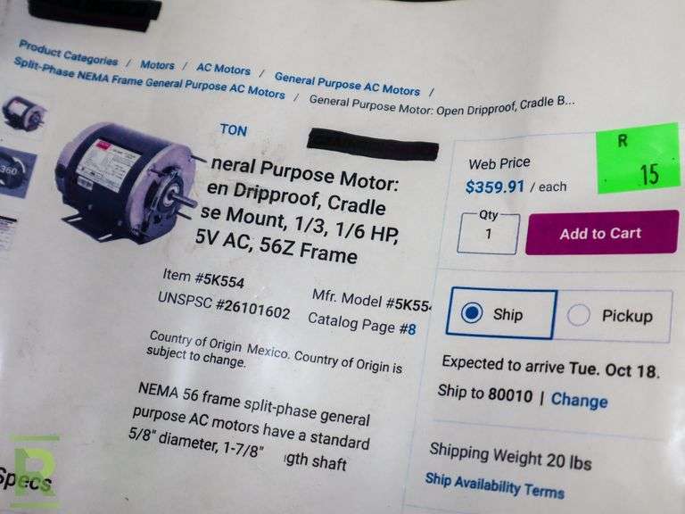General Purpose Motor, 1/3, 1/6HP - Roller Auctions