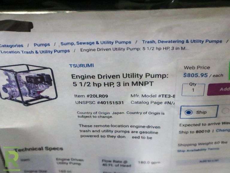 Tsurumi 3IN Trash Pump, Honda, Gas - Roller Auctions