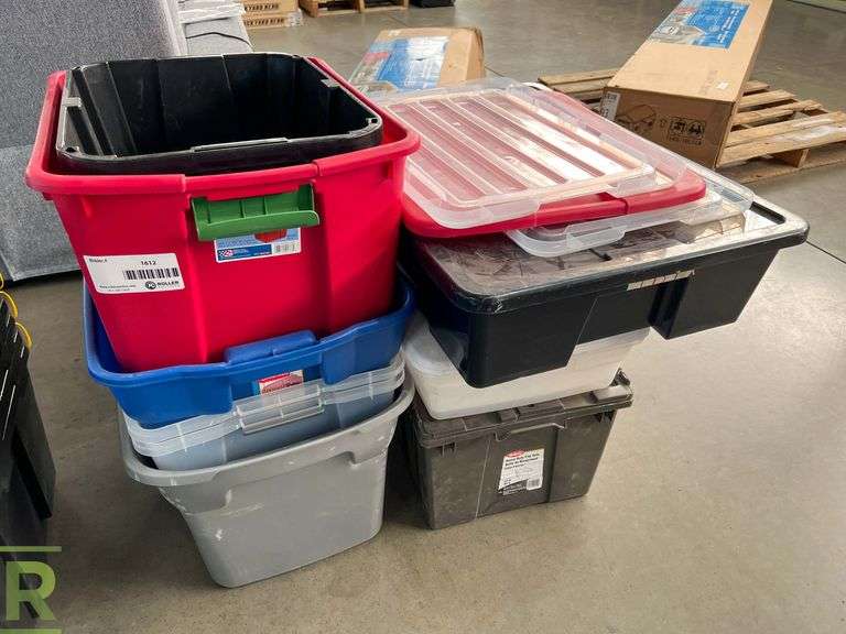(9) Assorted Bins With Lids Used Roller Auctions