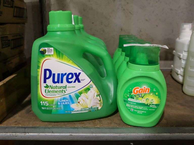 (3) 150 Fluid Ounce Bottles Purex And (5) 25 Fluid Ounce Gain Laundry Detergent - Roller Auctions