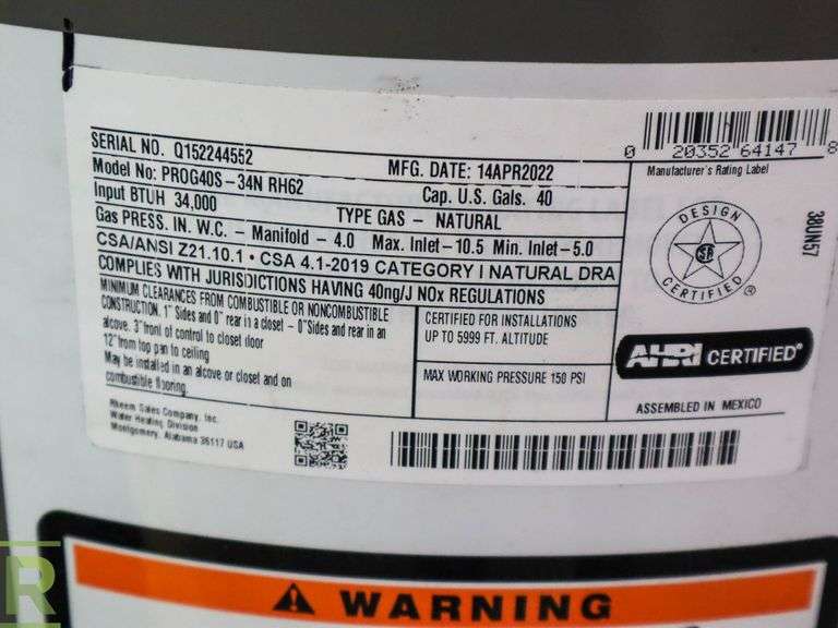 Rheem ProG40S34N RH62 Hot Water Heater, Natural Gas, 40Gallon