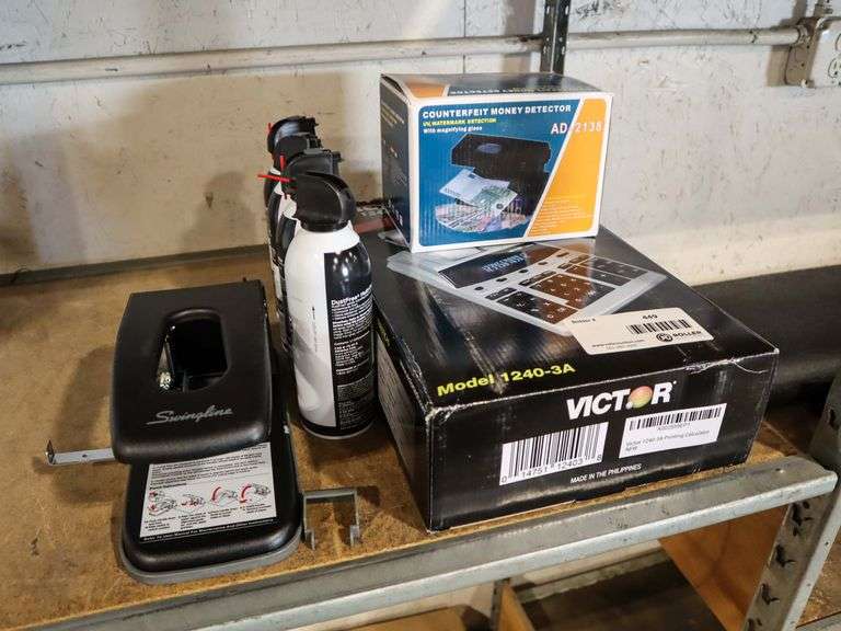 Victor Printing Calculator, Counterfeit Money Detector, 2-Hole Punch And (4) Cans Of Duster - Roller Auctions
