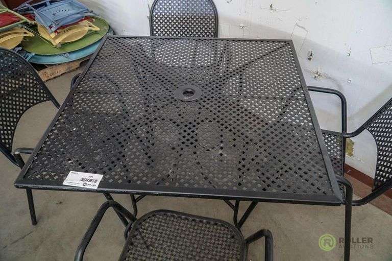 36in Square Wrought Iron Patio Table With (4) Stackable Chairs Roller
