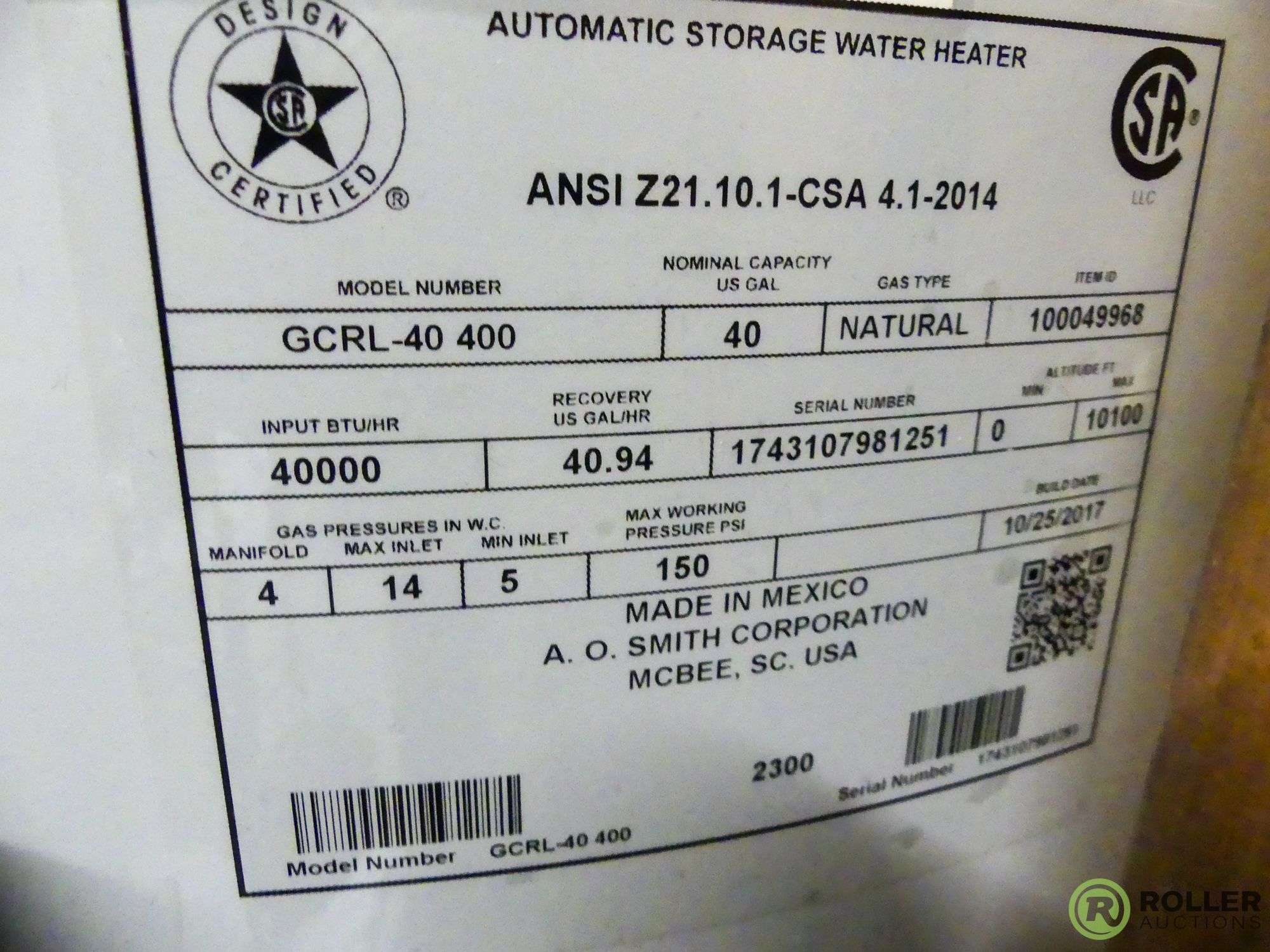 2014 AO Smith Proline GCRL-40 400 40-Gallon Hot Water Heater - Roller  Auctions