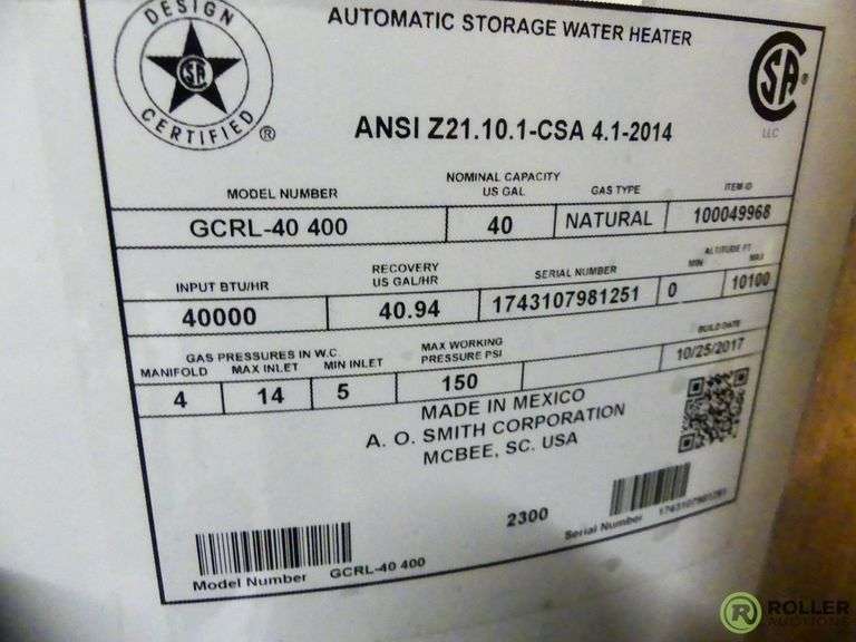 2014 AO Smith Proline GCRL-40 400 40-Gallon Hot Water Heater - Roller  Auctions