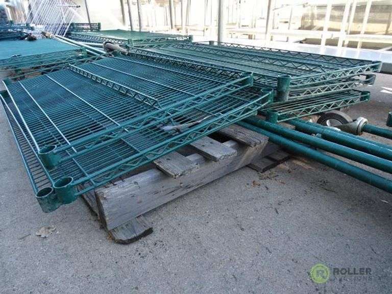 Pallet of Wire Rack Parts With (7) Shelves and (4) Poles Roller Auctions