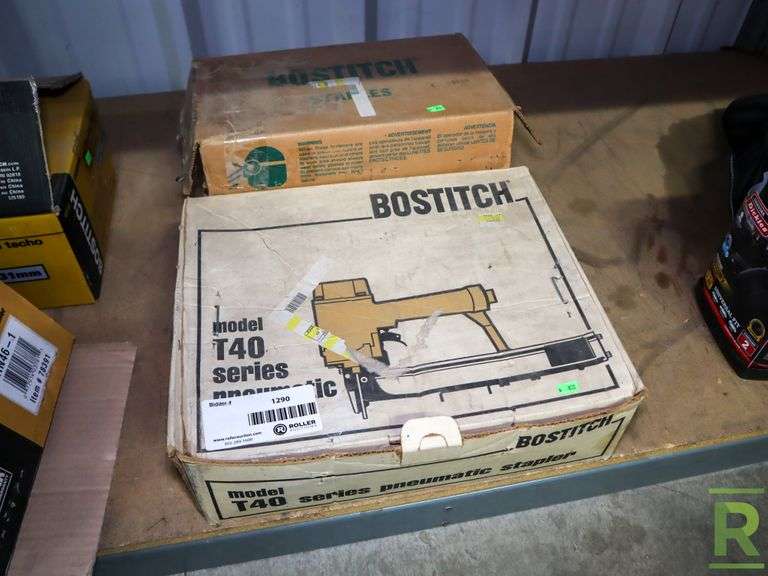 Bostitch T40 Pneumatic Stapler and Box of Staples Roller Auctions
