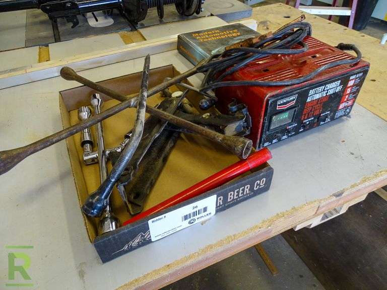 Tray of Automotive Jacks and Century Battery Charger Roller Auctions