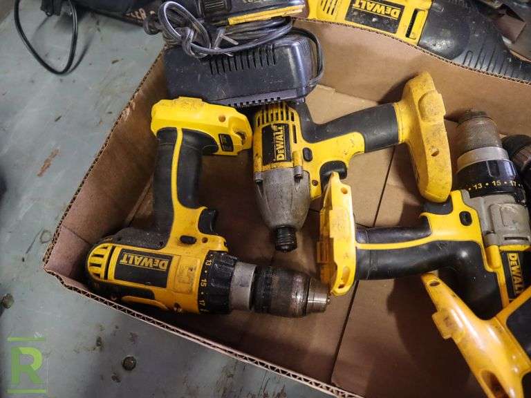 (2) Trays of Cordless DeWalt Drills, Sawzall, Circular Saw With