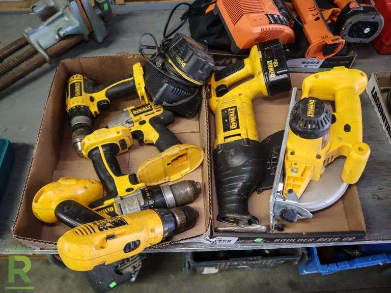 (2) Trays of Cordless DeWalt Drills, Sawzall, Circular Saw With