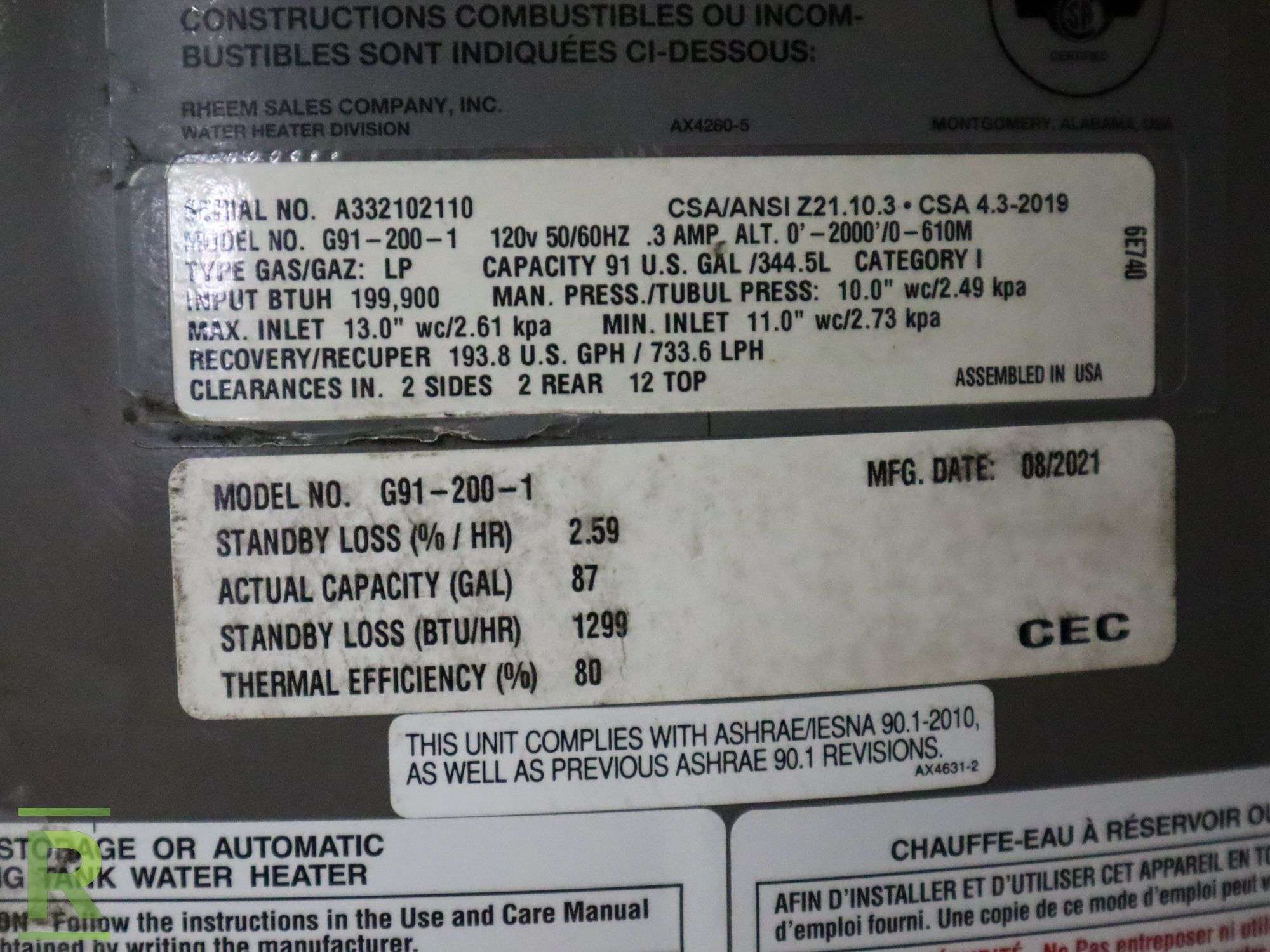 Rheem G91-200-1 Commercial Gas Water Heater, 91-Gallon Tank, 199,900-BTU,  76 Overall Height, Propane - Roller Auctions