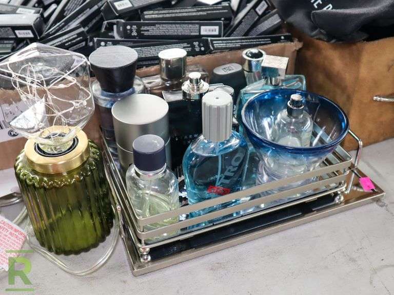 (4) Trays of Men's Cologne, Assorted Makeup and Men's Clothes Roller
