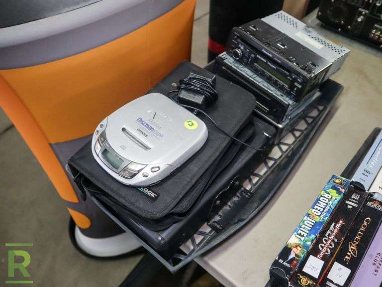 Tray of Assorted Media / Technology, Premier CDX-M33 Compact Disc Player, Panasonic CQ-5109U Radio, CD Back - Roller Auctions
