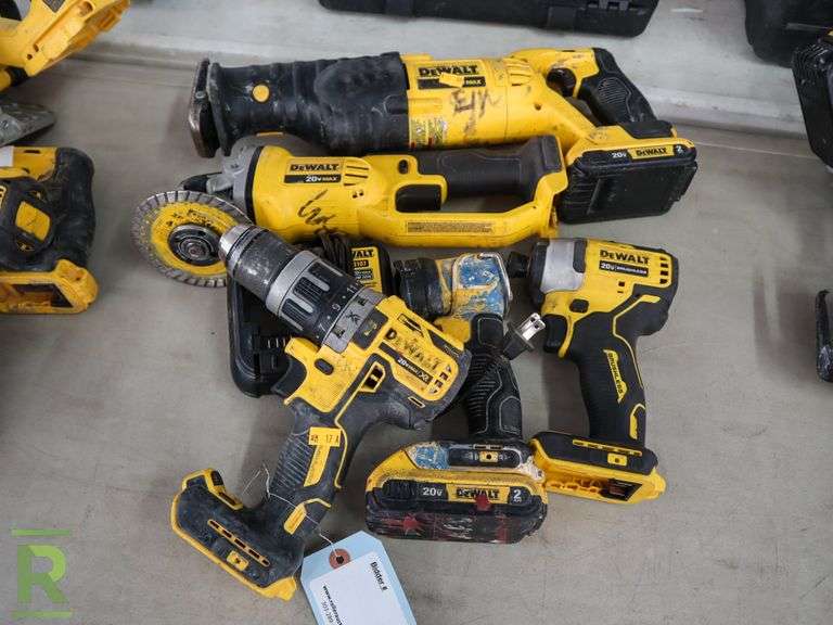 DeWalt Power Tools; Grinder, Reciprocating Saw, Drill, Impact Wrench, (2) Battery and Charger - Roller Auctions