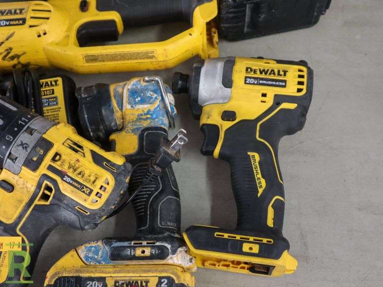 DeWalt Power Tools; Grinder, Reciprocating Saw, Drill, Impact Wrench, (2) Battery and Charger - Roller Auctions