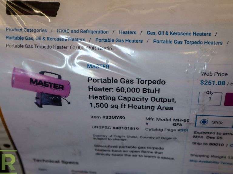 Master MH60VGFAA Propane Heater, 60,000BTU Roller Auctions