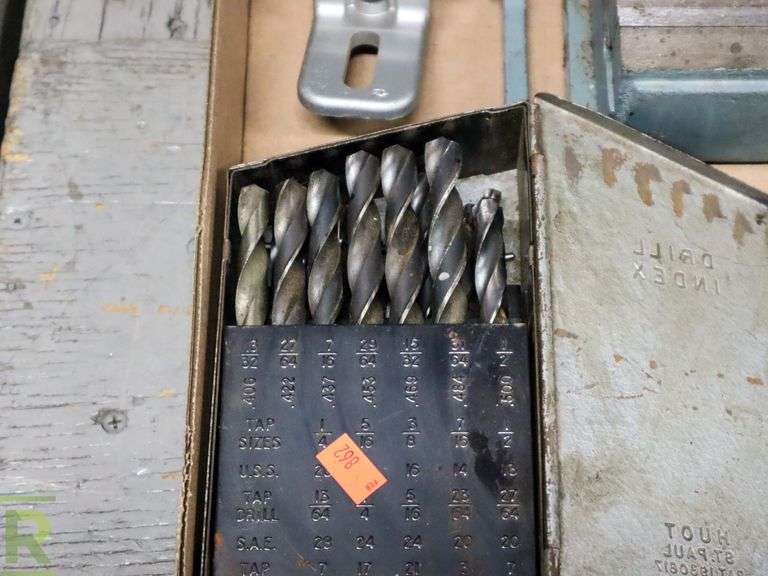 Tray of Drill Index, Vise and Craftsman Drill Grinding Attachment