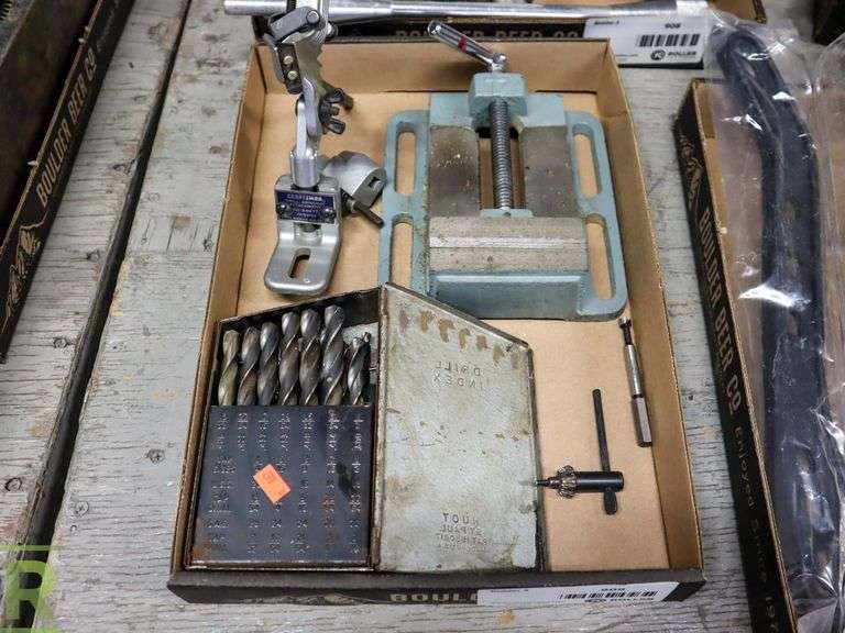 Tray of Drill Index, Vise and Craftsman Drill Grinding Attachment