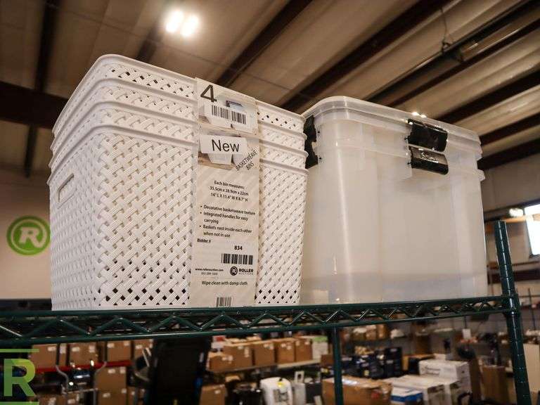 (1) 4 Plastic Basketweave Bins 14" L z 11.4" W x 8.7" H, White New (1