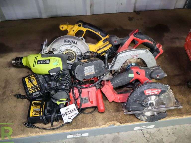 (2) Milwaukee Cordless Circular Saws, DeWalt Circular Saw and Corded Ryobi Drill Roller Auctions