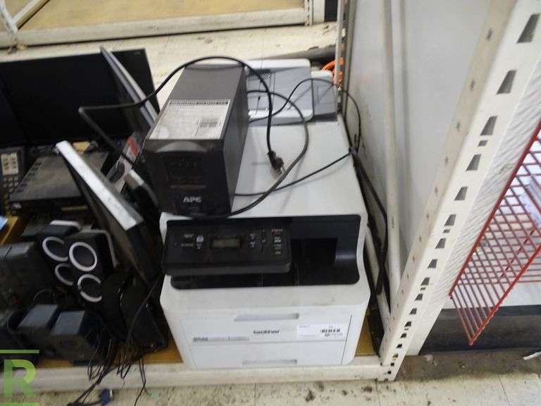 Shelf of Monitors, Keyboards, Speakers, Phones and (2) Printers