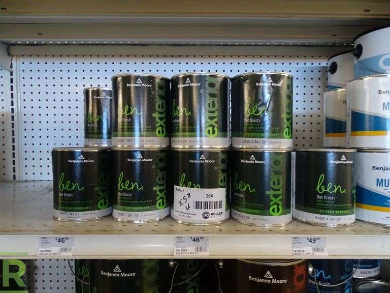 (5) Shelves of (115) Cans of Benjamin Moore Paint Roller Auctions