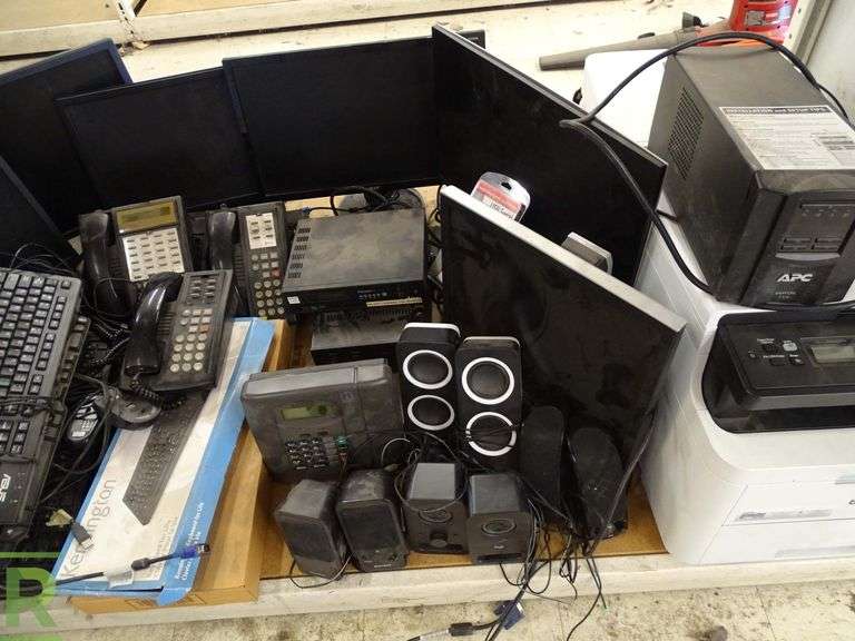 Shelf of Monitors, Keyboards, Speakers, Phones and (2) Printers