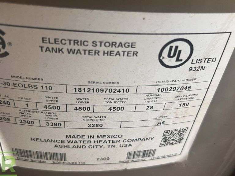 Reliance 630EOLBS 110 Electric Water Heater, 28Gallon, 240V, Single